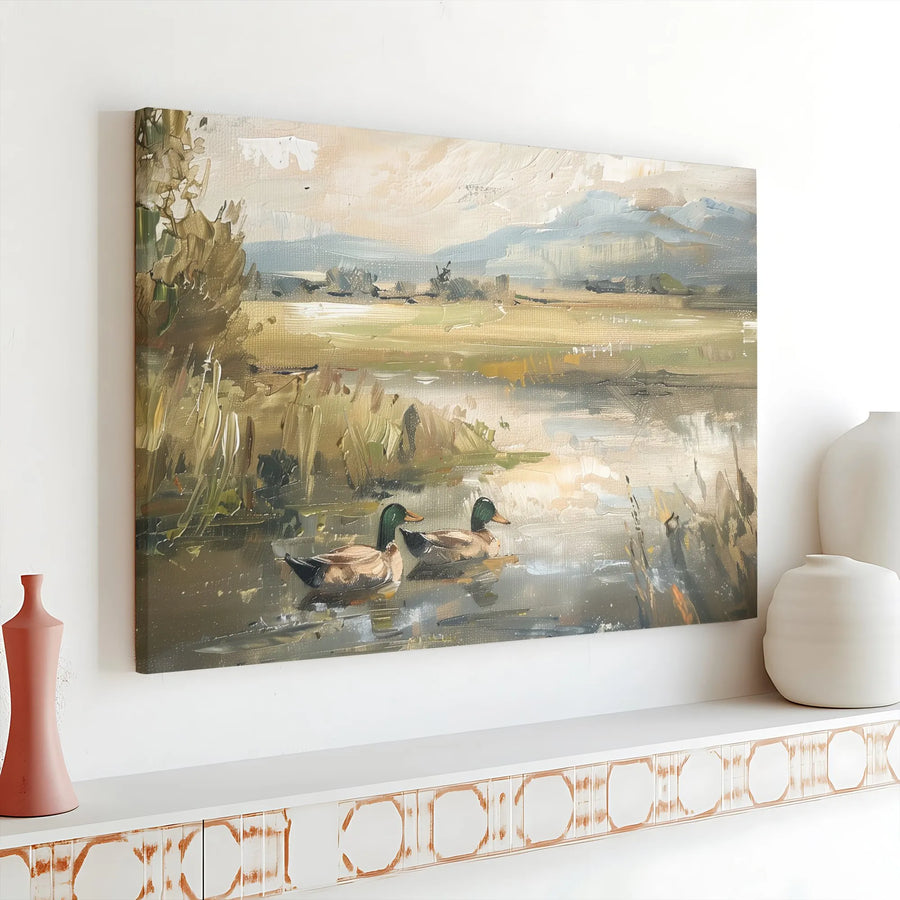Mallard Duck Canvas Print | Impressionist Pond Landscape Wall Art | Gallery Wrapped Premium Canvas | Nature Decor Gift for Bird Lovers