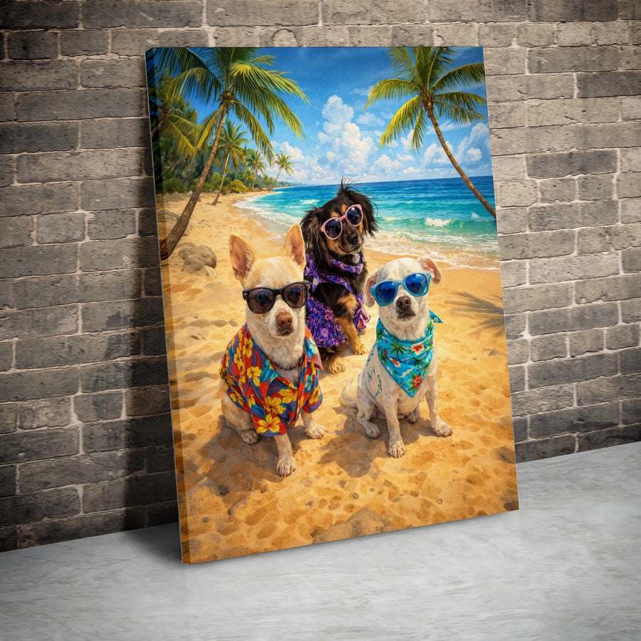 Funny Dog Beach Canvas Wall Art | Dogs in Sunglasses on Tropical Beach | Premium Fade-Resistant Print | Unique Gift for Dog Mom and Pet Lovers