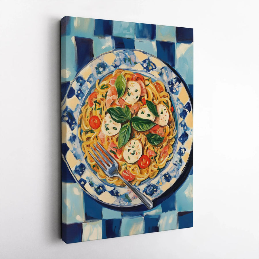 Italian Pasta Canvas Wall Art | Spaghetti Mozzarella Basil Painting | Premium Gallery Wrap Print | Kitchen Decor For Foodies