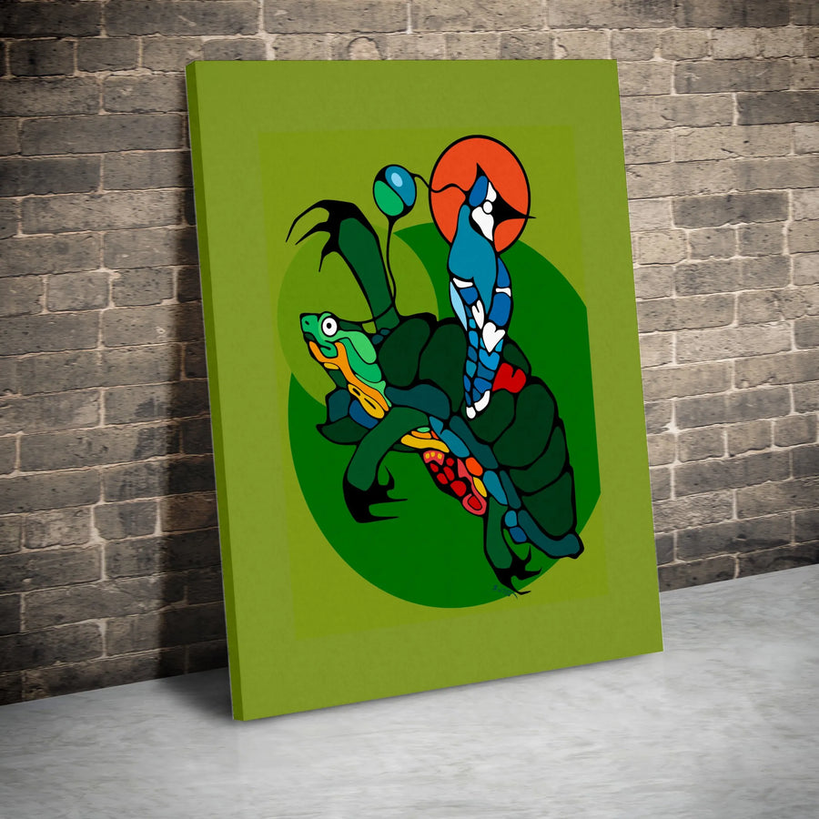 Folk Art Turtle and Bird Canvas | Vibrant Woodland Art Style Illustration | Premium 1.25" Thick Gallery Wrap | Collector's Gift for Eclectic Home Decor