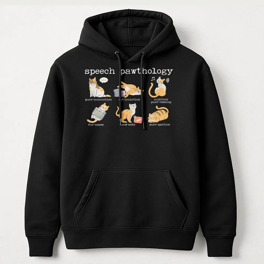 Speech Pathologist Hoodie | Funny Speech Pawthology Cat Pun Design | Premium Cotton-Blend | SLP Graduation Gift for Speech Therapist