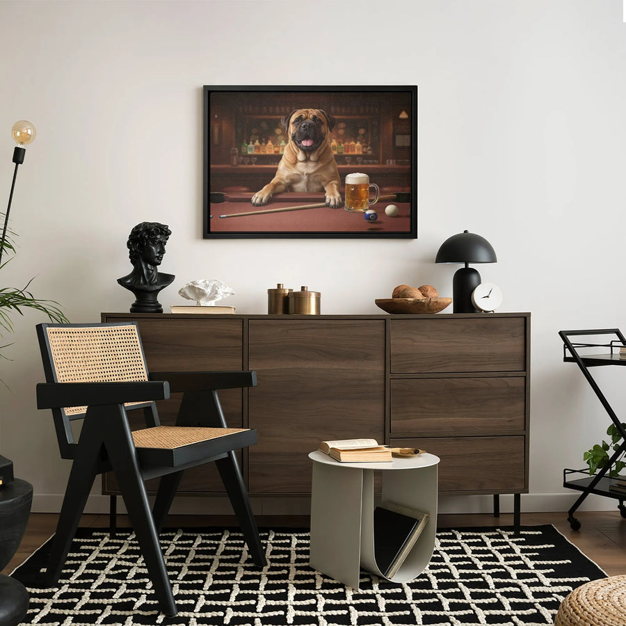 Bullmastiff Playing Pool Canvas | Funny Dog Drinking Beer Bar Art | Premium Gallery Wrapped Print | Unique Man Cave Gift for Dog Lovers