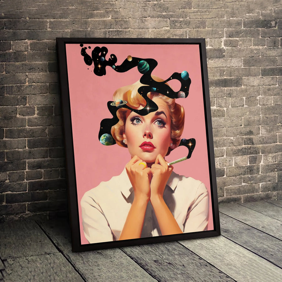 Surreal Space Woman Wall Art | Cosmic Retro Pop Art Canvas | Premium Fade-Resistant Gallery Print | Unique Home Office Decor Gift