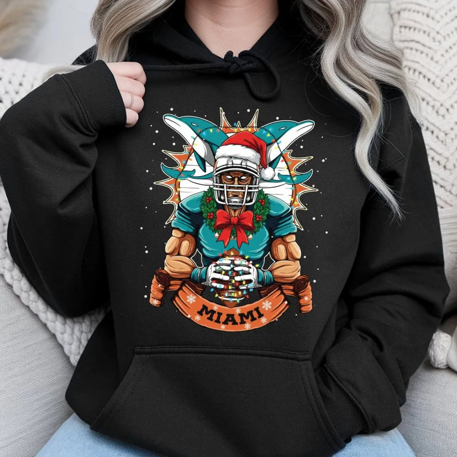 Christmas Miami Football Hoodie, Football Dolphin Player Hoodie, Sports Apparel, Classic Hoodie, Graphic Printed