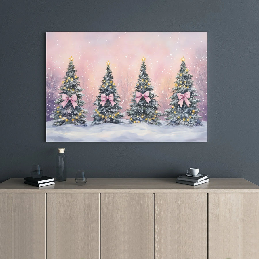 Pink Bow Christmas Tree Canvas Art | Snowy Holiday Landscape Wall Decor | Gallery Wrapped Premium Print | Festive Cozy Home Gift