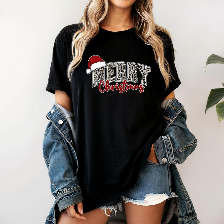 Merry Christmas T-Shirt | Leopard Print Graphic Santa Hat | 100% Premium Cotton | Holiday Season Gift For Men And Women