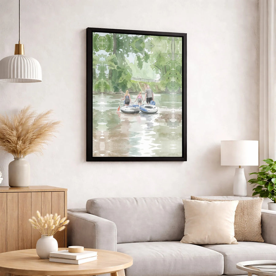 Family River Tubing Canvas Print | Watercolor Summer River Scene | 1.25-Inch Gallery Wrapped Wall Art | Outdoor Adventure Gift for Home Decor