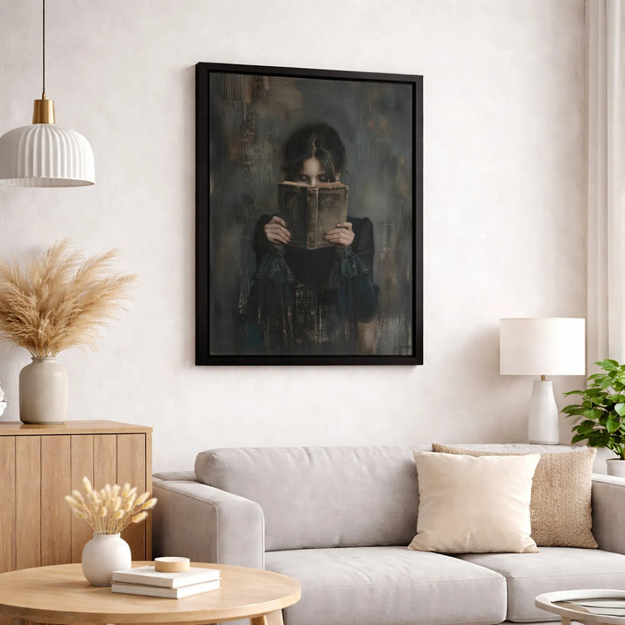 Gothic Woman Reading Old Book Canvas | Moody Dark Academia Wall Art | Premium Gallery Wrapped Print | Gift for Readers and Book Lovers