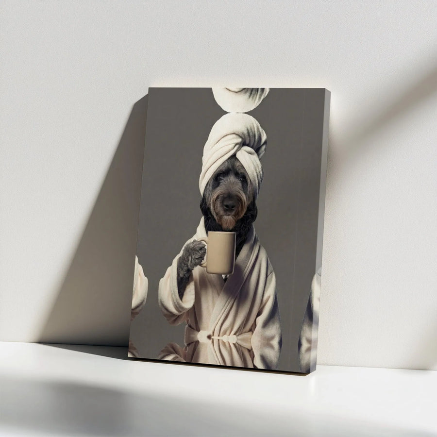 Funny Dog in Bathrobe Canvas Print | Relaxing Morning Coffee Dog Portrait | Premium Matte Canvas | Unique Bathroom Decor Gift for Dog Mom