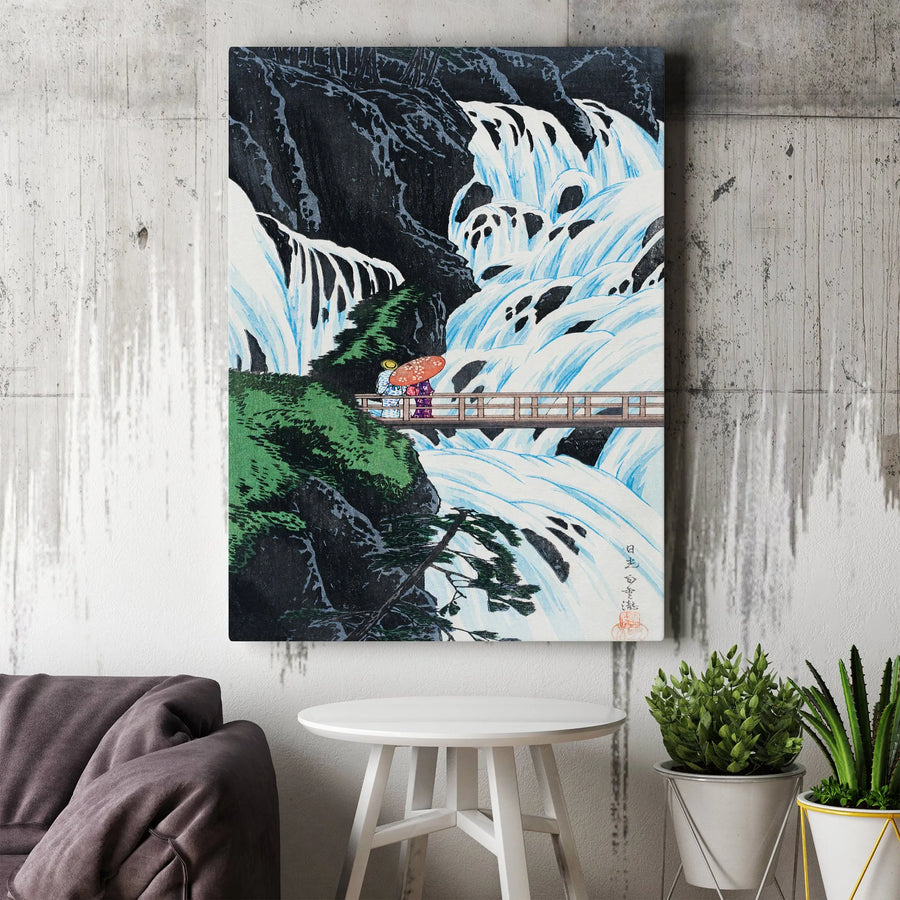 Japanese Waterfall Ukiyo-e Canvas Print | Vintage Couple on Bridge Illustration | Premium Gallery Wrapped Canvas | Gift for Japan Art Lovers