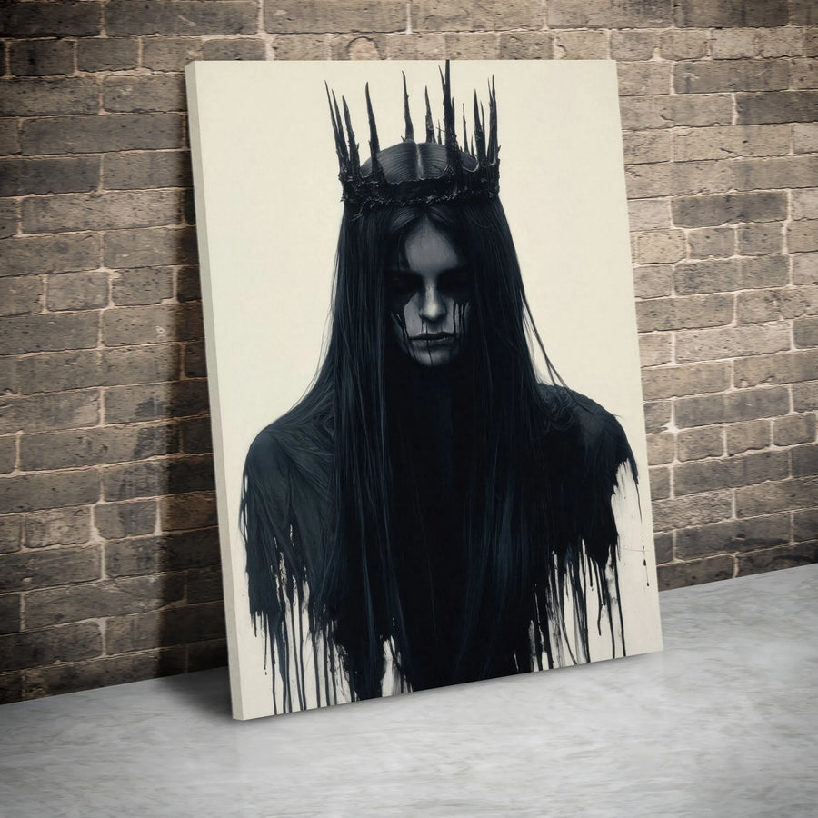 Gothic Queen Wall Art | Dark Fantasy Spiky Crown Portrait | Gallery-Wrapped Premium Canvas | Moody Aesthetic Decor Gift For Goth Lovers