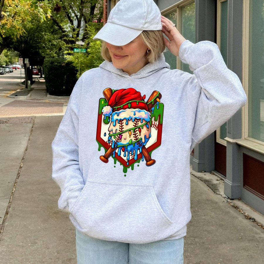 Christmas Baseball Hoodie | Santa Hat Drip Graphic | Premium Cotton Blend | Gift for Baseball Fans and Athletes