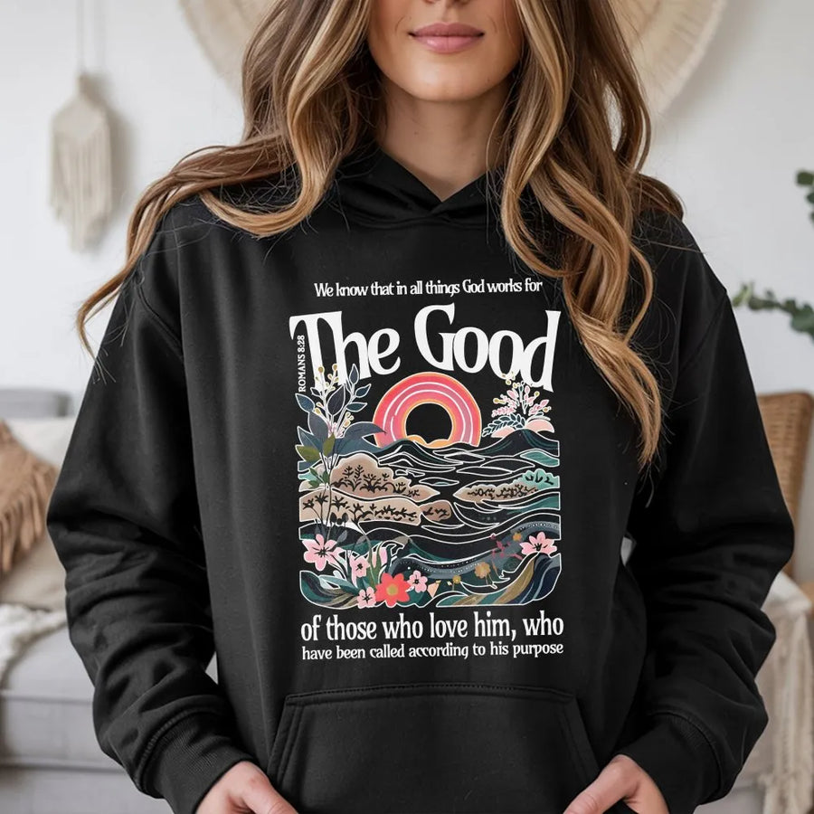 Romans 8 28 Hoodie | Inspirational Bible Verse Graphic Sweatshirt | Premium Cotton Blend | Christian Faith Apparel Gift