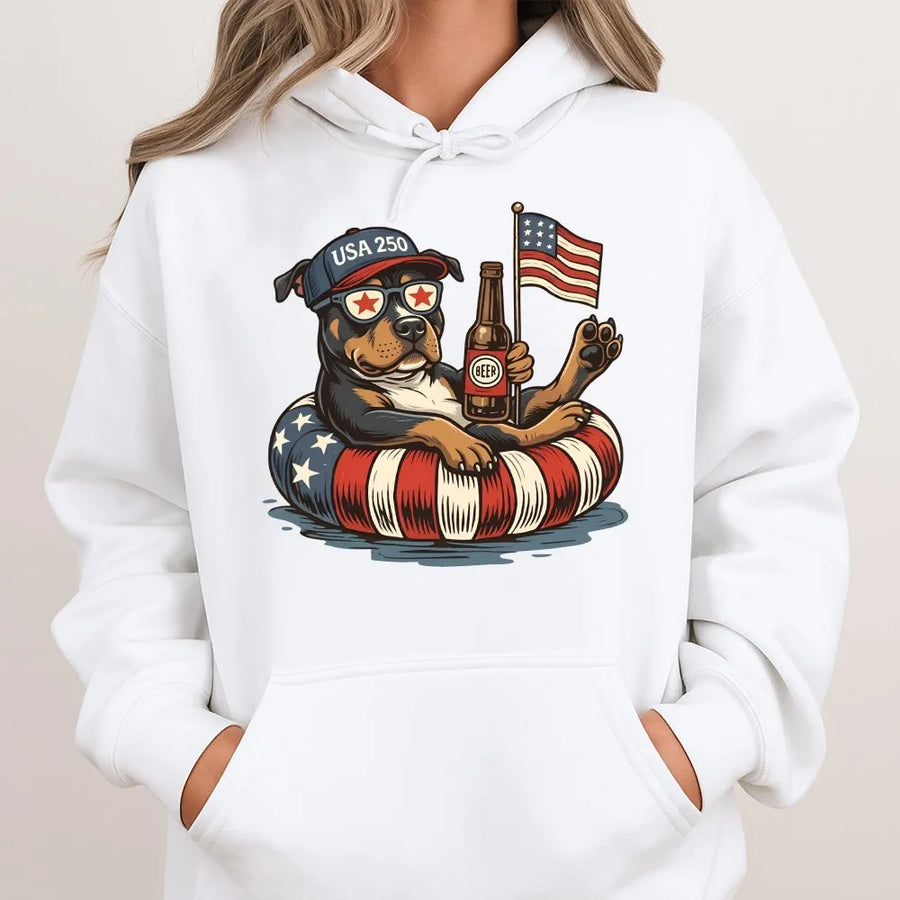 Patriotic Dog Hoodie | Funny USA 250 American Flag Graphic | Comfortable Cotton Blend Sweatshirt | Independence Day Gift for Dog Lover