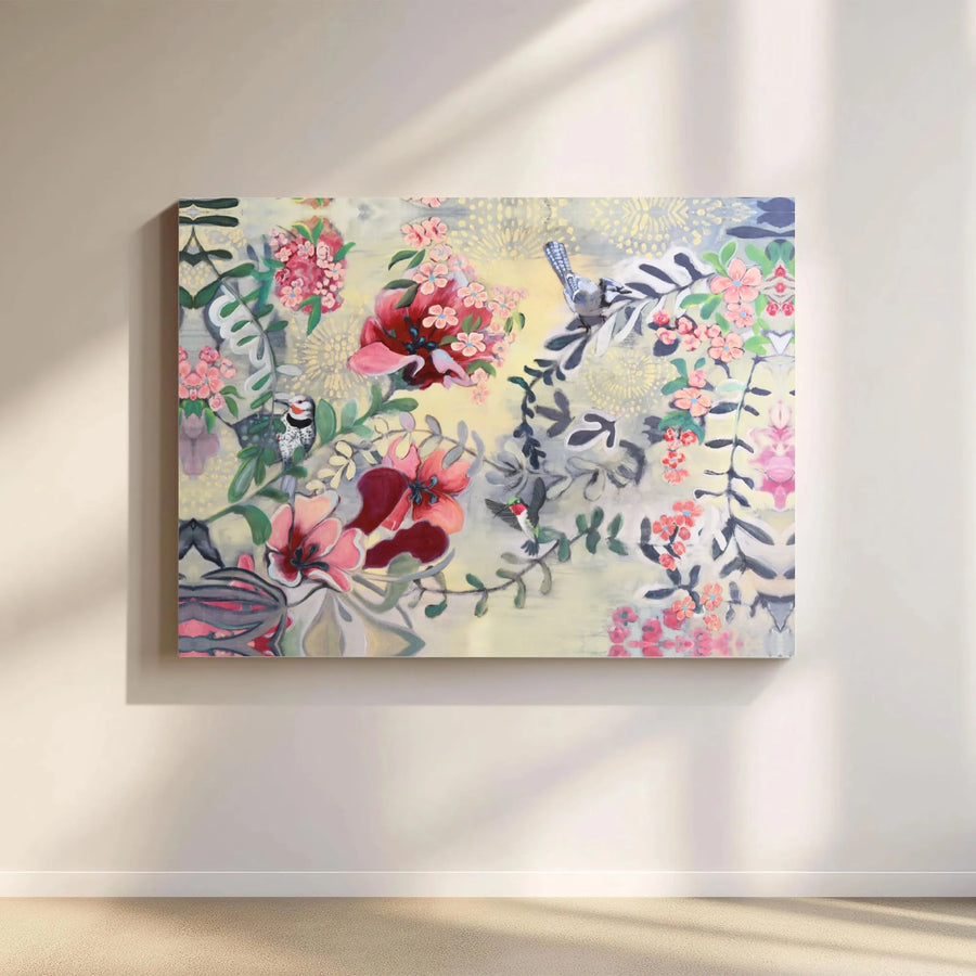 Botanical Garden Canvas Wall Art | Colorful Floral & Bird Painting | Premium Gallery Wrapped Canvas | Modern Home Decor Gift