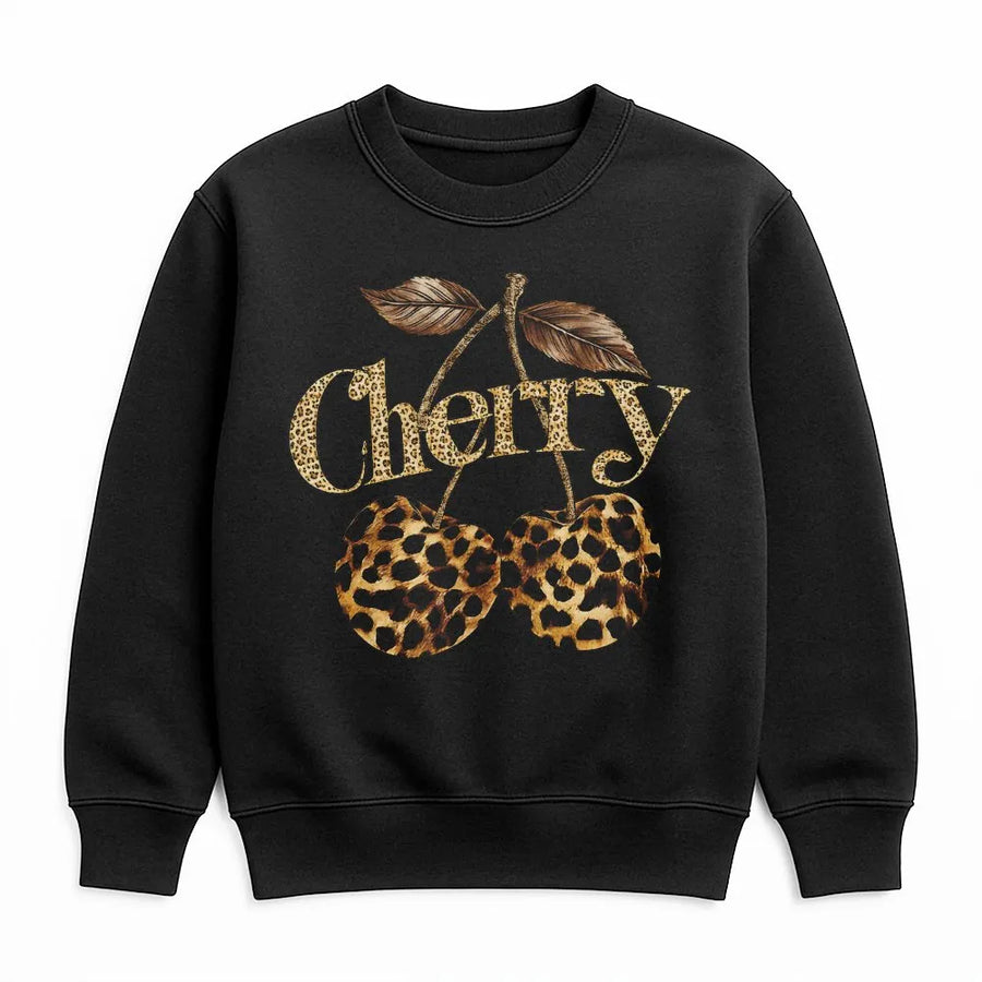Leopard Cherry Sweatshirt | Trendy Animal Print Fruit Graphic | Soft Cotton Blend Fleece | Y2K Aesthetic Gift for Her