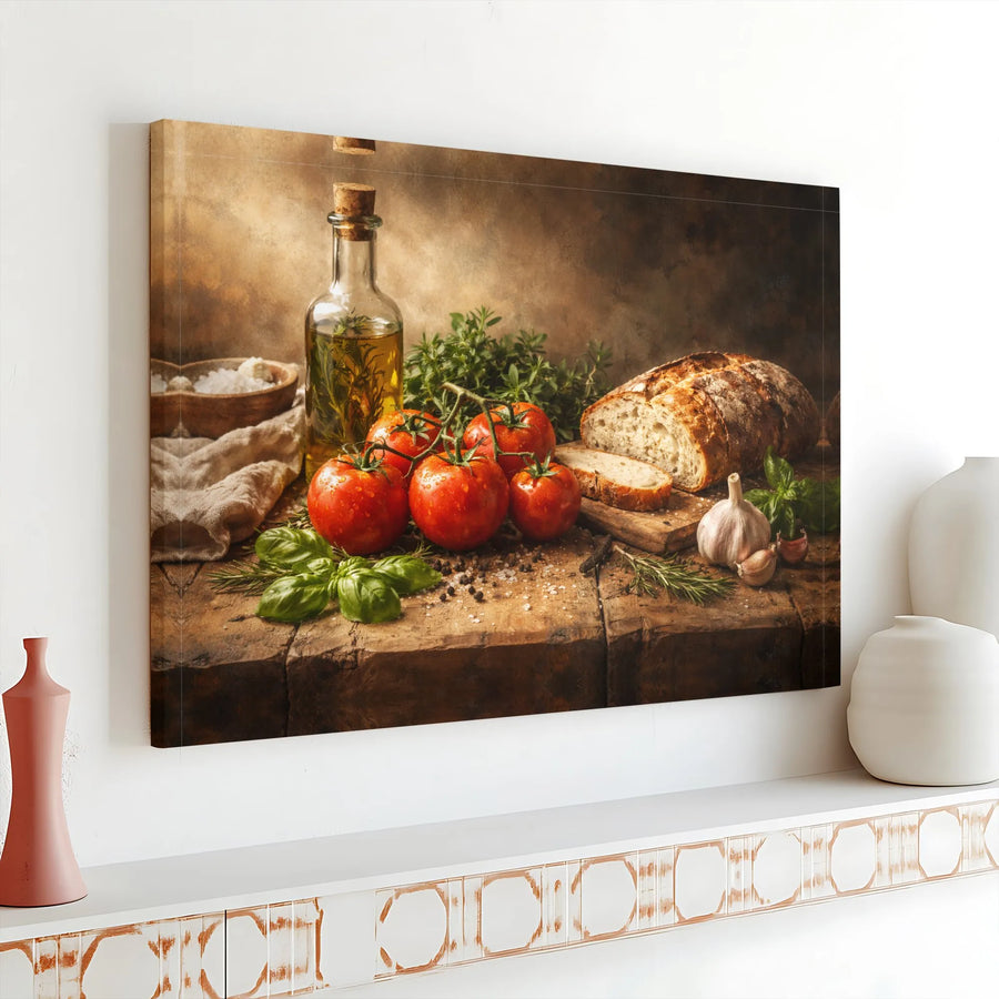 Rustic Kitchen Wall Art Canvas Print | Italian Food Still Life with Bread & Olive Oil | Gallery Quality Print | Farmhouse Dining Room Decor Gift