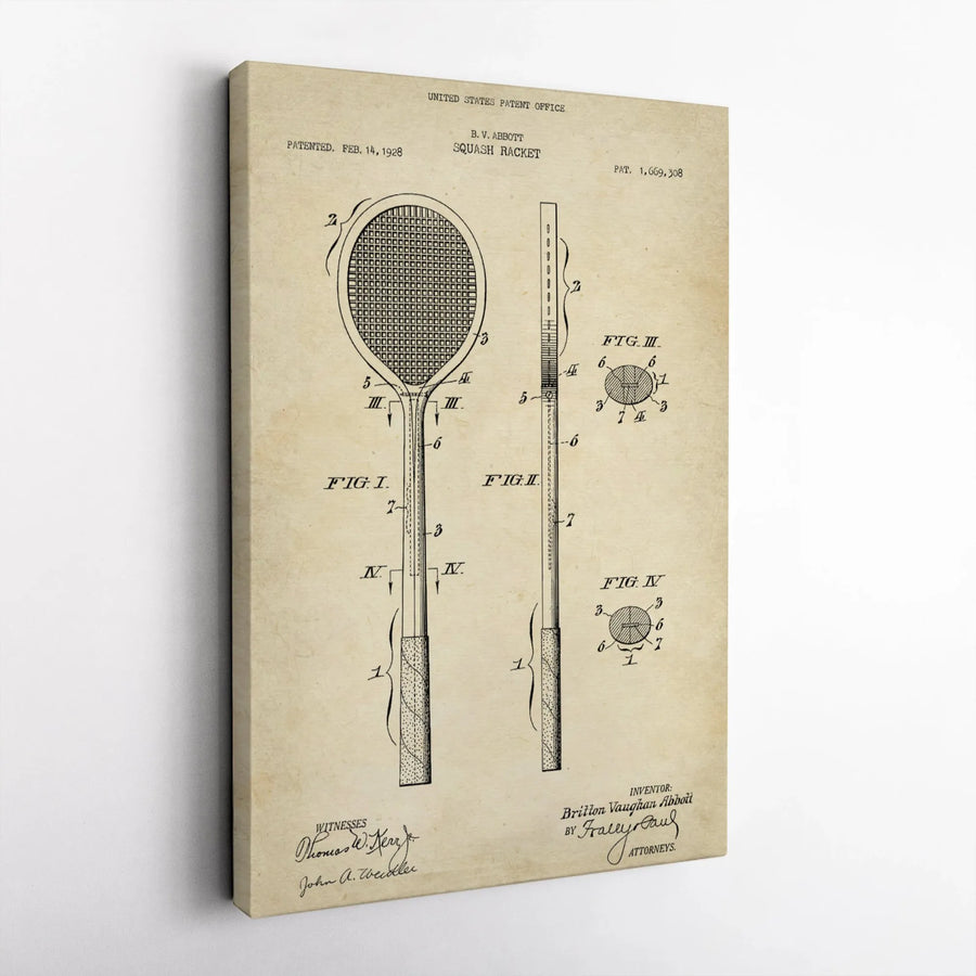 Squash Racket Patent Print | Vintage 1928 Sport Engineering Art | Premium Gallery-Wrapped Canvas | Unique Gift for Squash Players & Coach