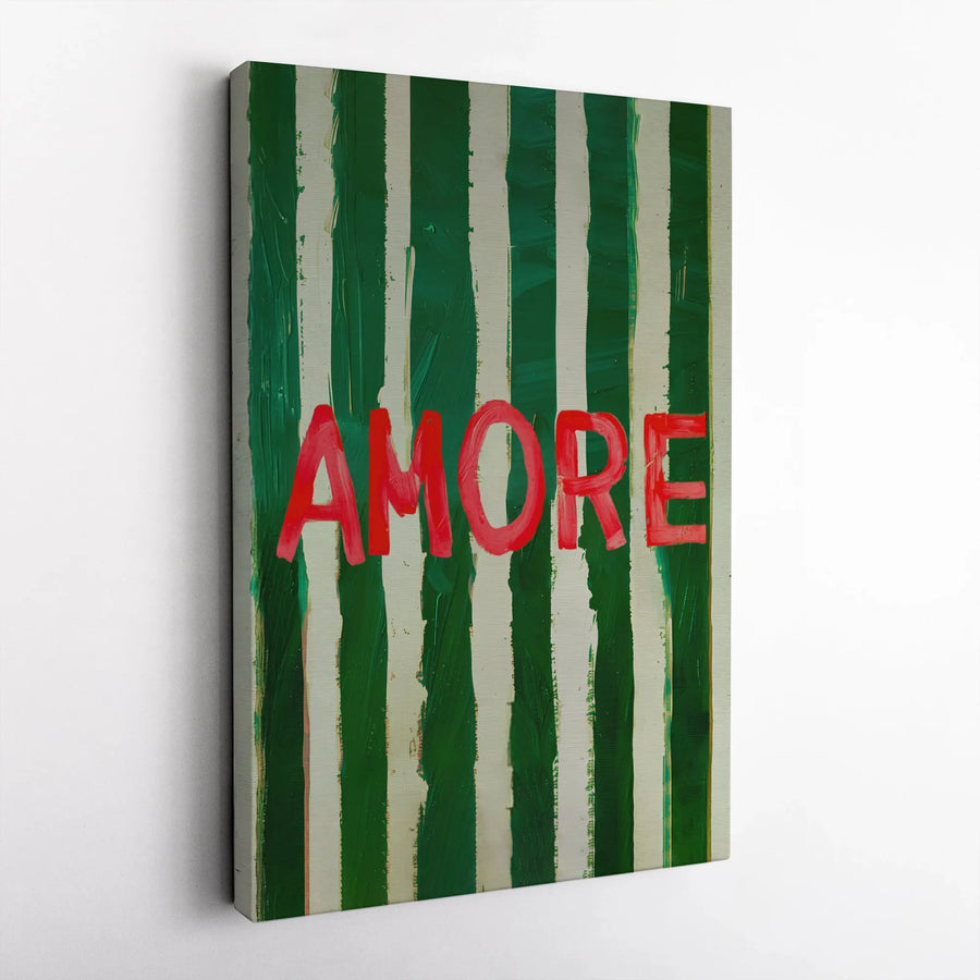 Amore Canvas Wall Art | Red Typography on Green Stripes | Premium Gallery Wrapped Decor | Italian Romantic Home Gift for Couples