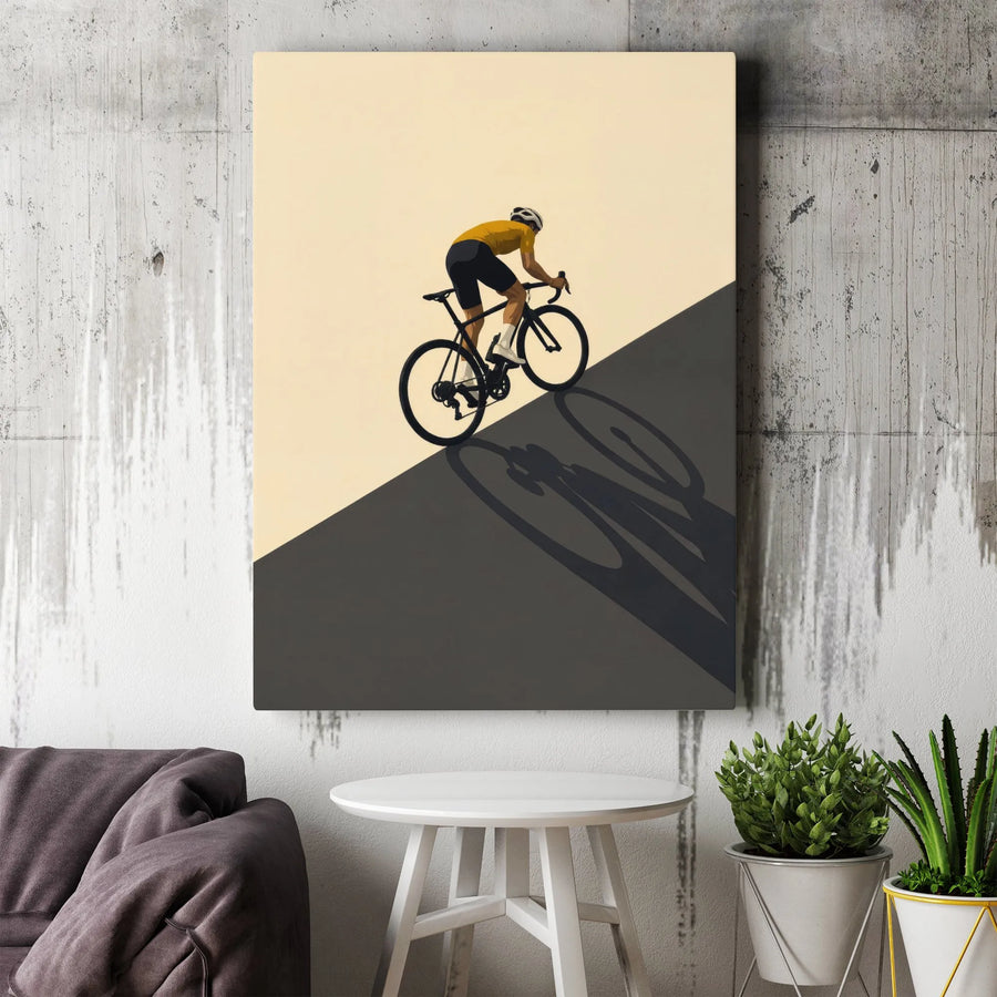 Minimalist Cycling Art Vertical Canvas | Retro Bicycle Rider Uphill Climb Graphic | Premium 1.25 Inch Frameless Gallery Wrap | Inspirational Gift for Road Bike Cyclists