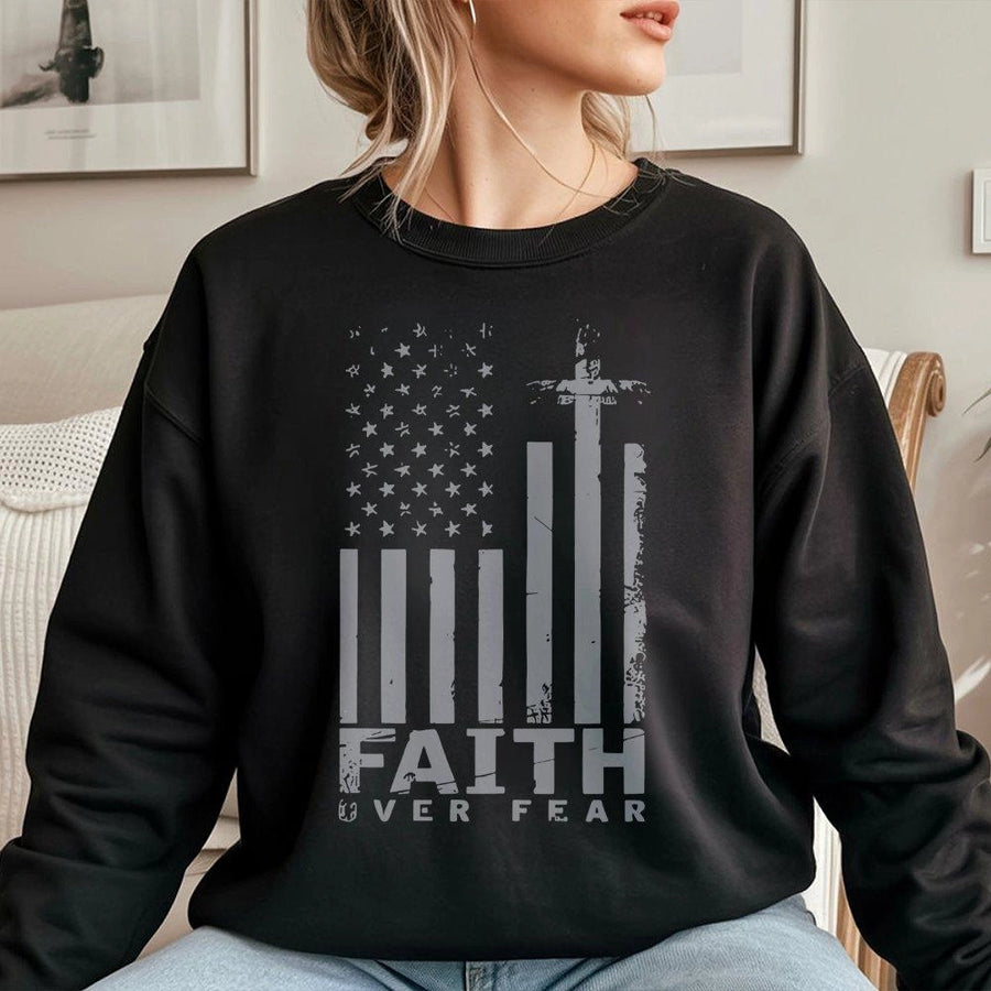 Faith Over Fear Sweatshirt | American Flag Cross Graphic | Premium Cotton Blend | Patriotic Christian Gift for Men and Women