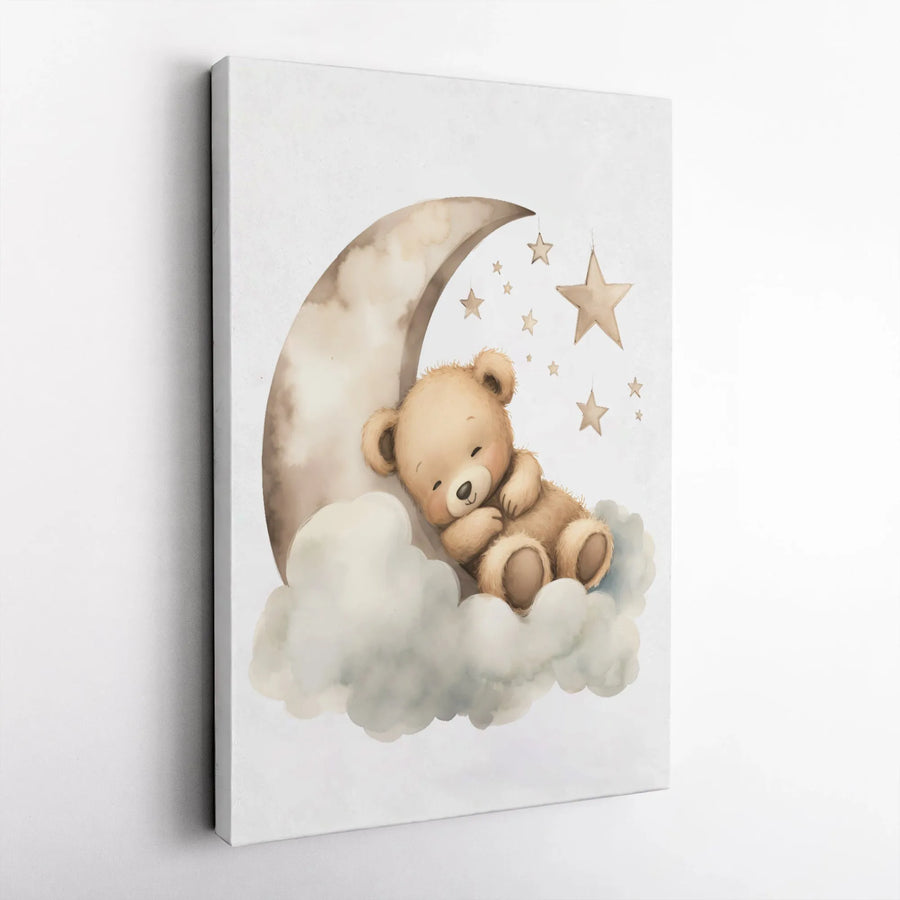 Sleeping Teddy Bear Wall Art | Watercolor Moon and Stars Nursery Decor | Premium Gallery-Wrap Canvas | Cute Baby Room Wall Decor Gift