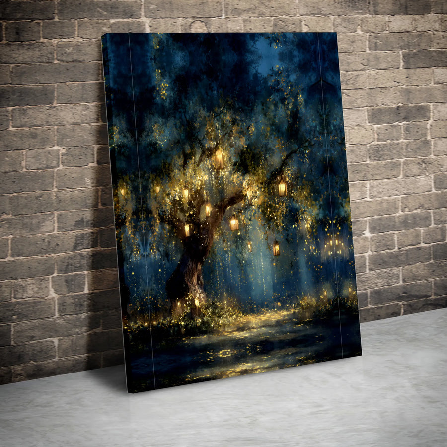 Enchanted Forest Canvas Wall Art | Magical Tree with Hanging Lanterns and Fireflies | Premium Gallery-Wrapped Print | Whimsical Home Decor Gift
