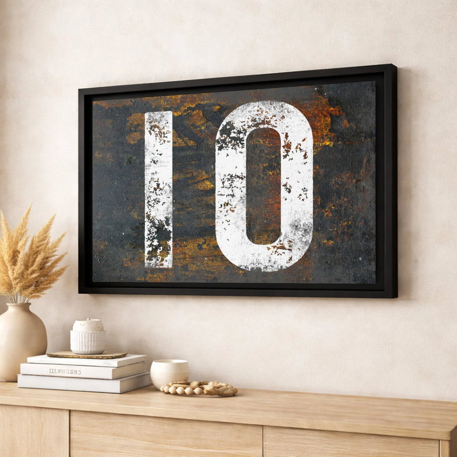 Number 10 Industrial Canvas Wall Art | Distressed Rusted Metal Aesthetic | 1.25" Gallery Wrap Premium Print | Modern Home & Office Decor Gift