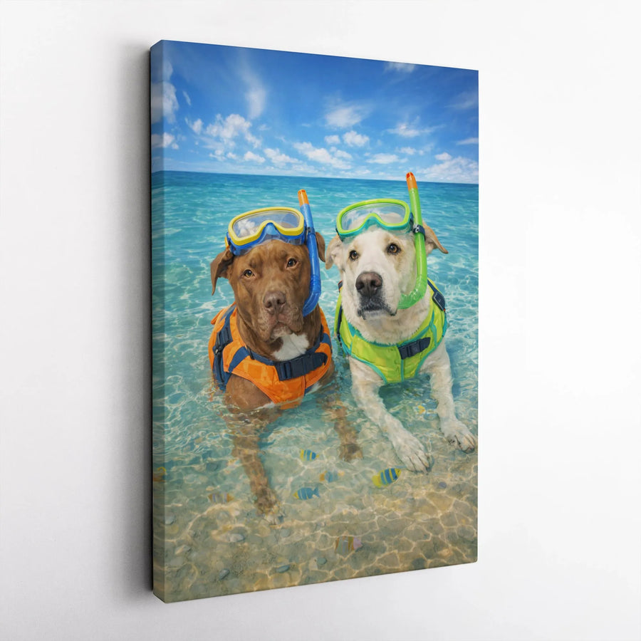 Snorkeling Dogs Canvas Wall Art | Funny Pitbull & Lab Tropical Beach Scene | Premium Matte Canvas | Gift for Dog Lover, Veterinarian Office Decor
