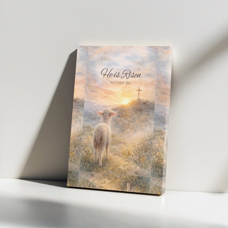 He is Risen Canvas Wall Art | Lamb of God with Cross Watercolor Print | Premium Christian Artwork | Religious Home Decor Gift