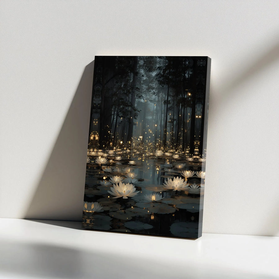 Enchanted Forest Canvas Wall Art | Mystical Pond with Glowing Water Lilies | Premium Fade-Resistant Print | Meditation Room Decor & Spiritual Gift
