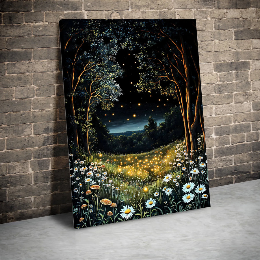 Magical Forest Canvas Print | Glowing Fireflies and Daisies Art | Premium Gallery-Wrapped Wall Decor | Enchanted Nature Landscape Gift
