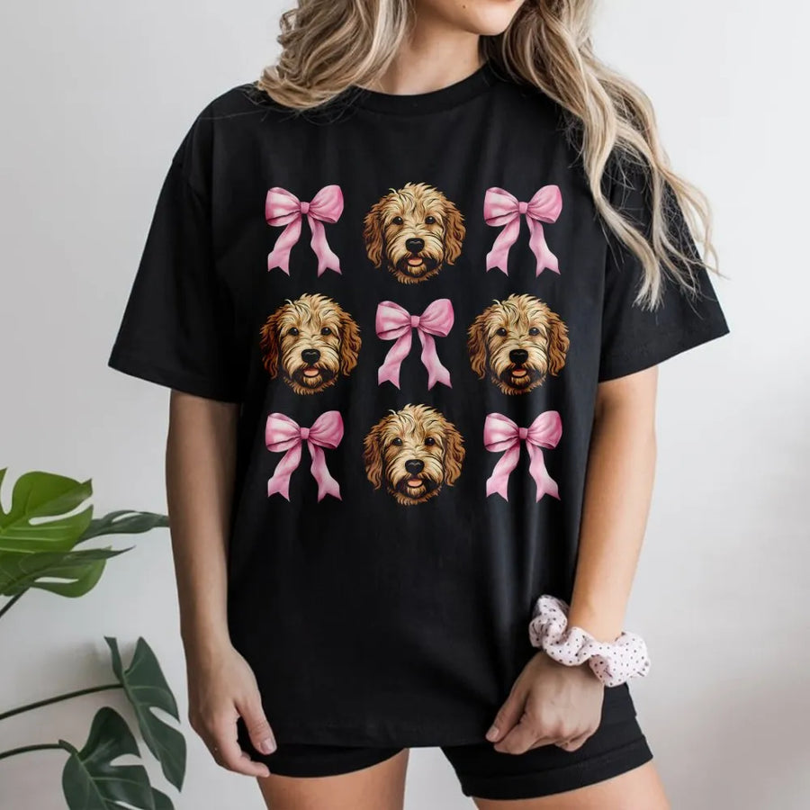 Goldendoodle T-Shirt | Cute Pink Bow Pattern Graphic | Premium Soft Cotton | Dog Mom Gift For Her