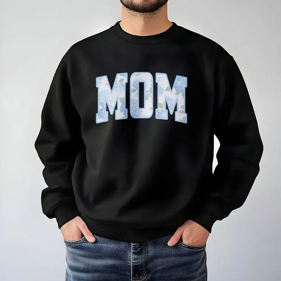 Floral Mom Sweatshirt | Blue Hydrangea Varsity Letter Print | Soft Cotton Blend | Preppy Mother's Day Gift for New Mom