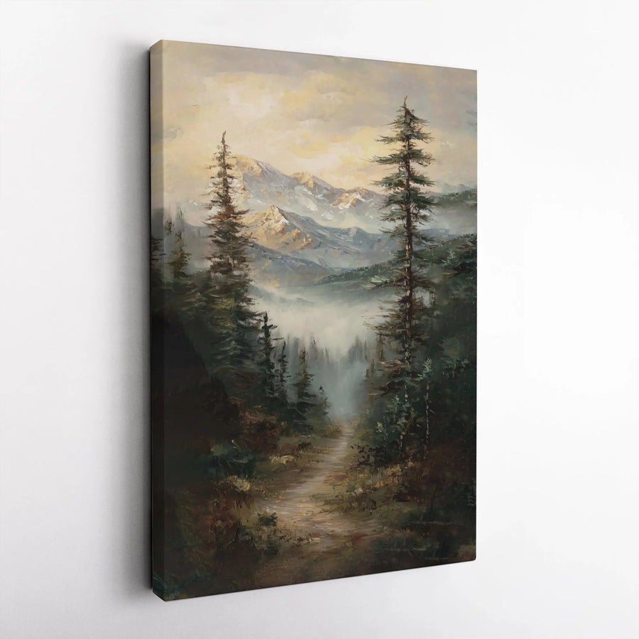Misty Mountain Forest Canvas Wall Art | Moody Landscape Oil Painting Print | Premium 1.25-Inch Gallery Wrap | Nature-Inspired Home Office Decor