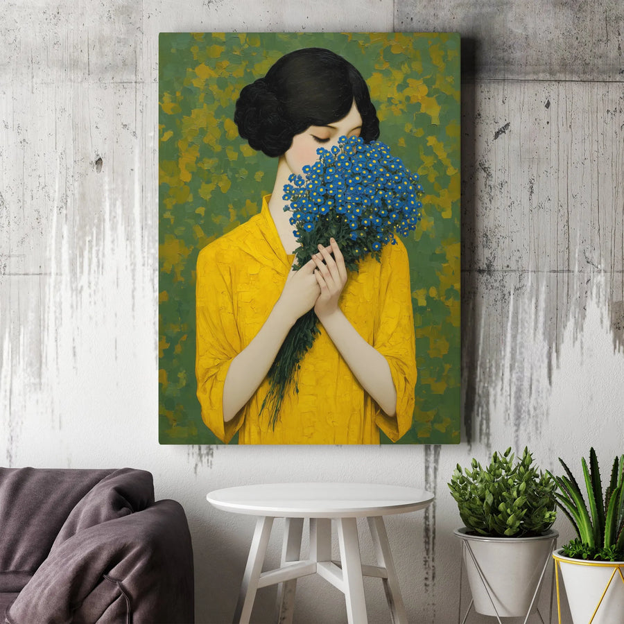 Woman in Yellow Dress Canvas Print | Elegant Blue Flower Bouquet Wall Art | 1.25” Gallery Wrap Decor | Premium Fine Art Gift for Her