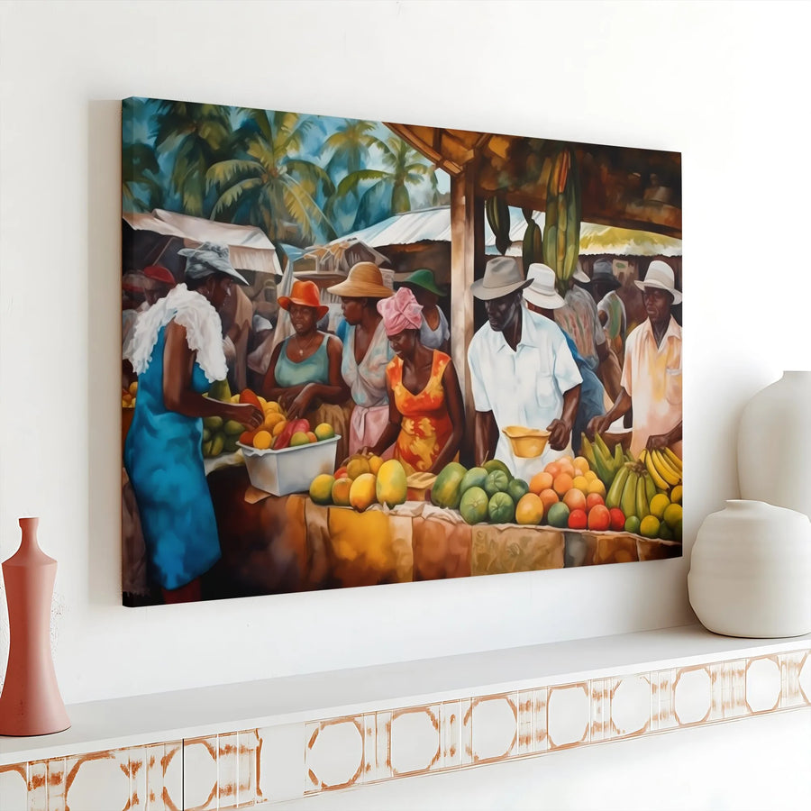 Caribbean Fruit Market Canvas Print | Vibrant Tropical Street Scene Wall Art | 1.25-Inch Gallery Wrap Frame | Premium Home Decor Gift