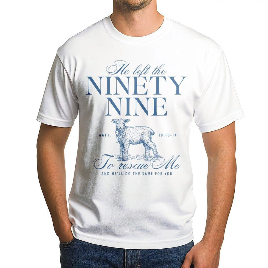 He Left The Ninety Nine T-Shirt | Bible Verse Matthew 18:10-14 Scripture Graphic | Premium 100% Cotton Tee | Christian Gift for Believers