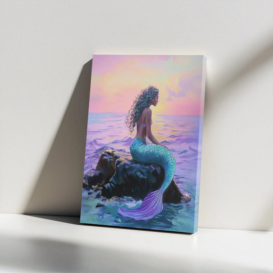 Black Mermaid Wall Art | Sunset Ocean Beach Canvas Print | Premium Gallery Wrap Decor | Aesthetic Fantasy Gift for Girls Room