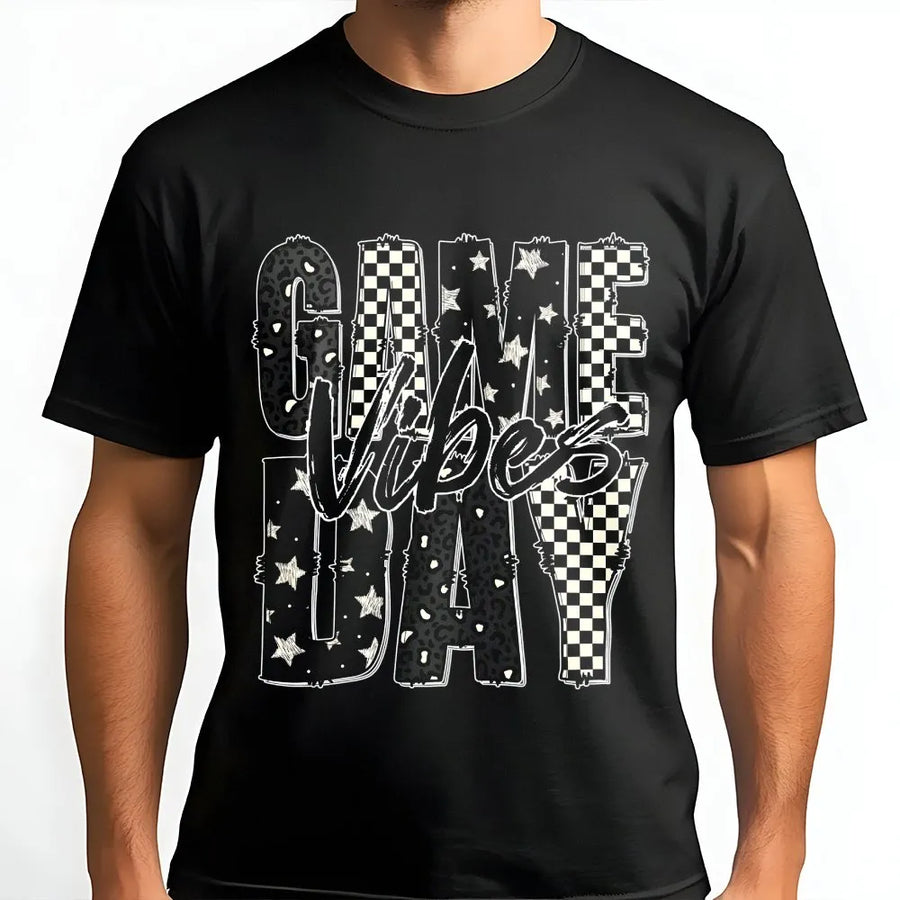 Game Day Vibes T-Shirt | Checkered Sports Graphic Tee | 100% Cotton Premium Quality | Football Season Fan Gift for Women and Men
