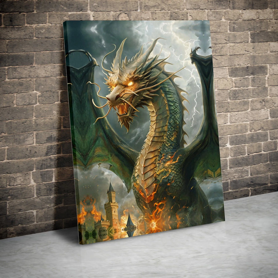 Dragon Canvas Wall Art | Ferocious Beast Attacking Burning Castle Print | Premium Gallery Wrapped | Epic Fantasy Home Decor Gift