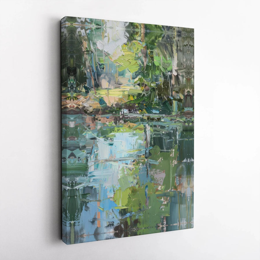 Abstract Forest Canvas Art | Impressionist Green and Blue Reflection Wall Decor | Premium Stretched Gallery Wrap | Modern Nature Home Office Gift