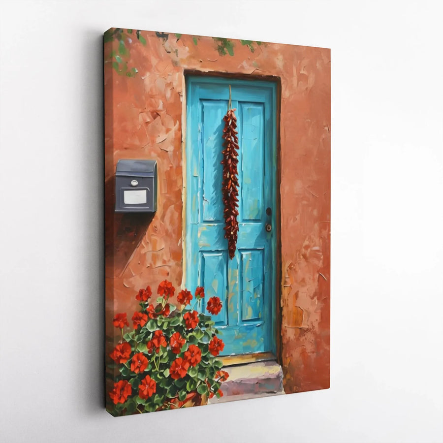Southwestern Turquoise Door Canvas Wall Art | Rustic Chili Ristra Painting Print | Premium Thick Gallery Wrap | Santa Fe Style Kitchen & Entryway Decor Gift