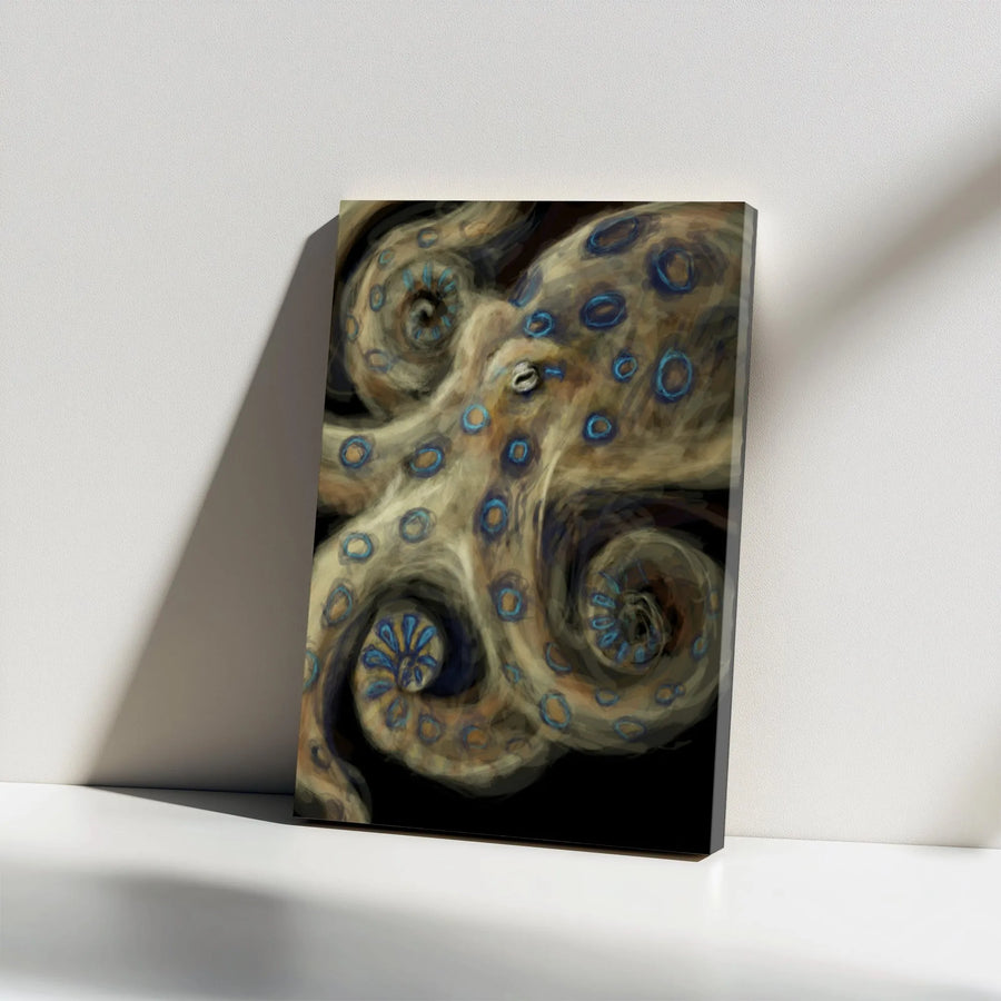 Blue Ringed Octopus Canvas Wall Art | Dark Nautical Painting | Premium Gallery Wrapped Print | Gift for Marine Biologist or Ocean Lover