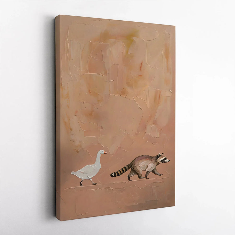 Goose And Raccoon Canvas Wall Art | Whimsical Animal Oil Texture | Premium 1.25" Thick Gallery Wrap | Modern Home Decor Gift