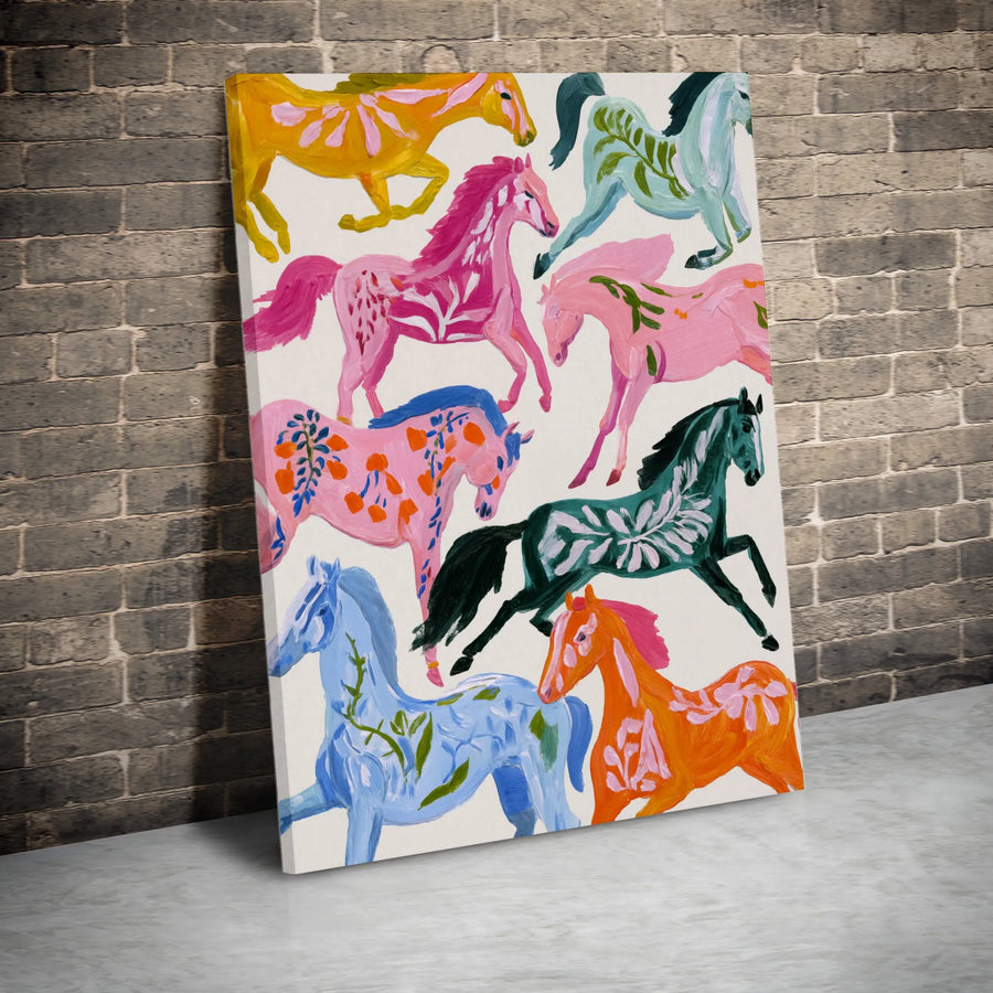 Colorful Horses Vertical Canvas | Vibrant Equestrian Illustration | Premium Gallery Wrapped Wall Art | Boho Home Decor Gift for Horse Lover
