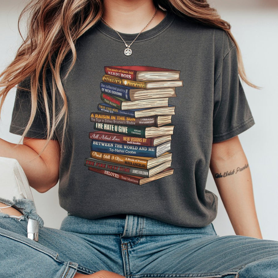 Black History Month Book Stack T-Shirt | Iconic African American Literature Authors | 100% Cotton Premium Tee | Gift for Teachers and Readers