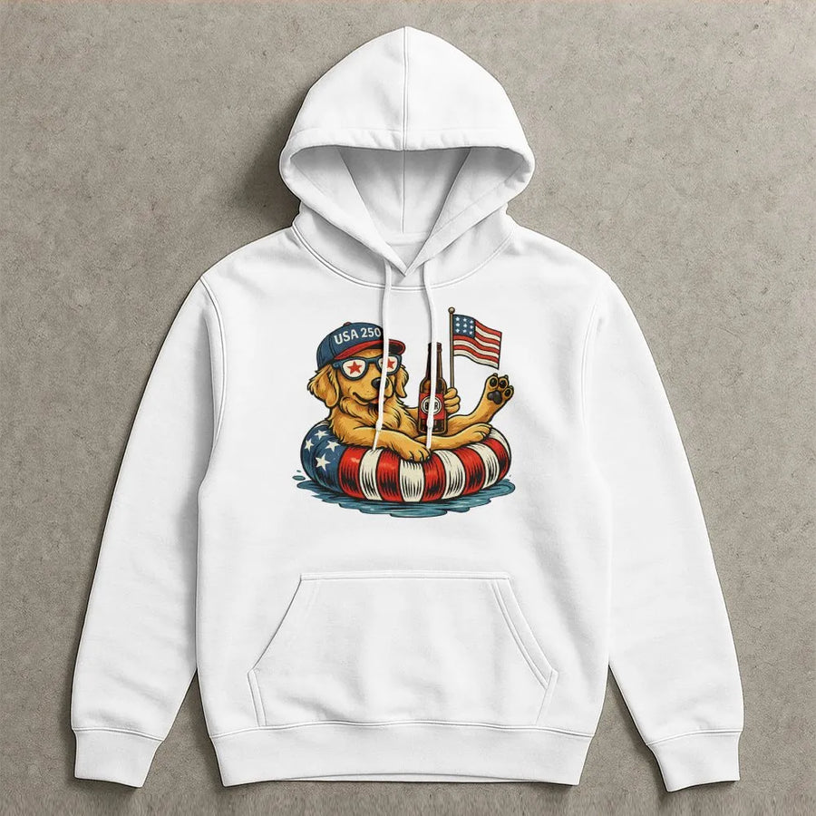 Patriotic Dog Hoodie for 4th of July | Funny Golden Retriever with Beer & Flag | Soft Cotton Unisex Tee | Independence Day Gift for Dog Lovers
