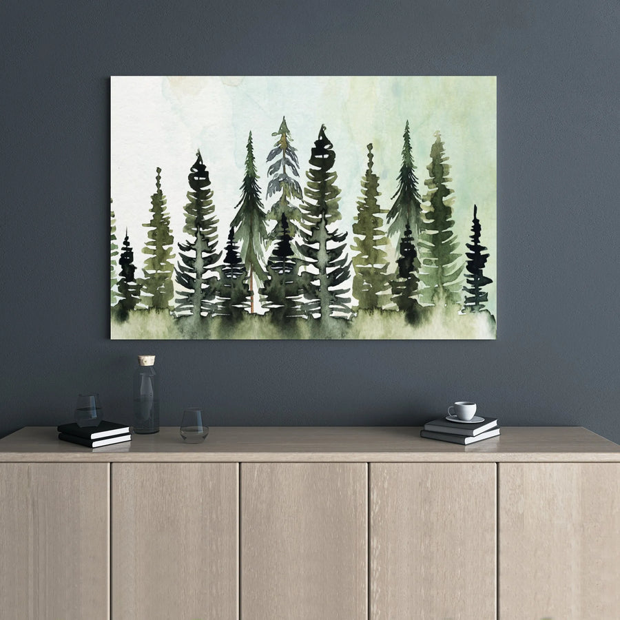 Watercolor Pine Forest Canvas Wall Art | Evergreen Tree Landscape Print | Premium Gallery Wrap Decor | Nature Lover Home Office Gift
