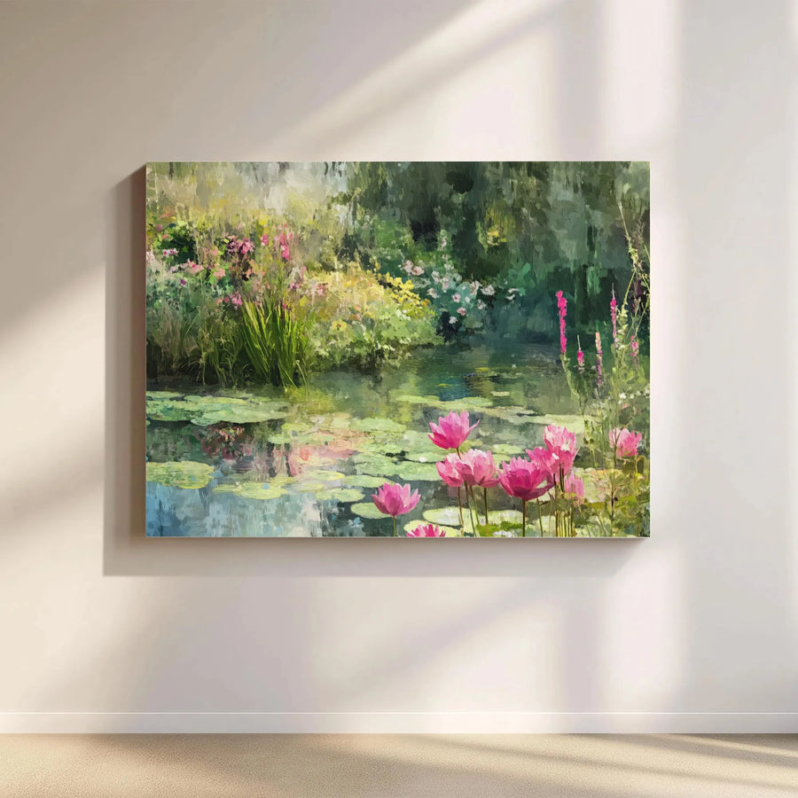 Water Lily Pond Canvas Art | Impressionist Pink Floral Landscape | Premium Gallery Wrapped Wall Decor | Serene Nature Painting for Living Room